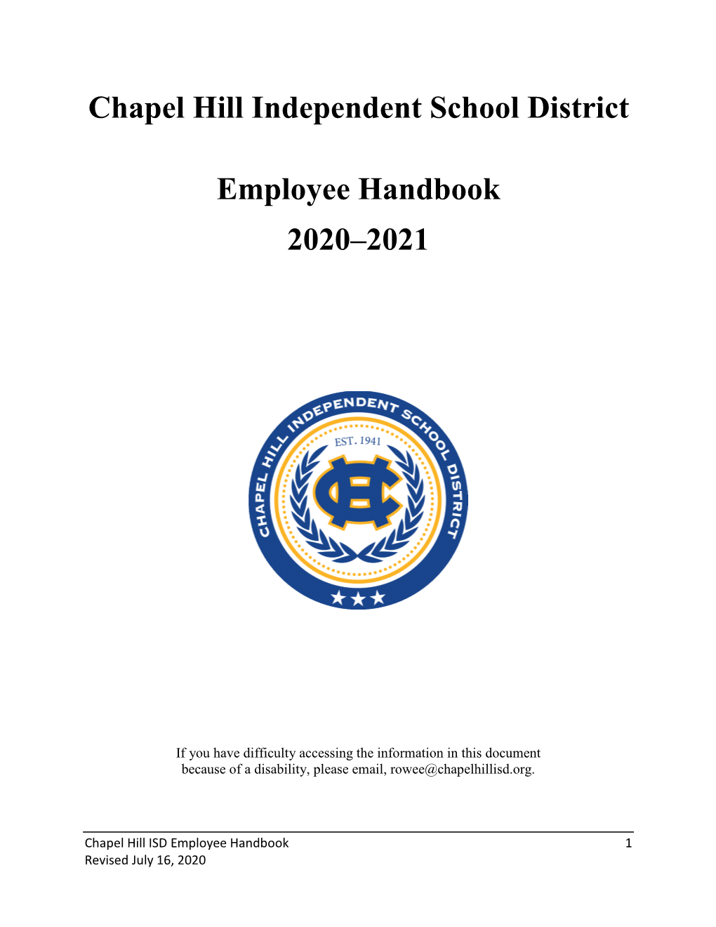 Chapel Hill Independent School District Employee Handbook 2020–2021