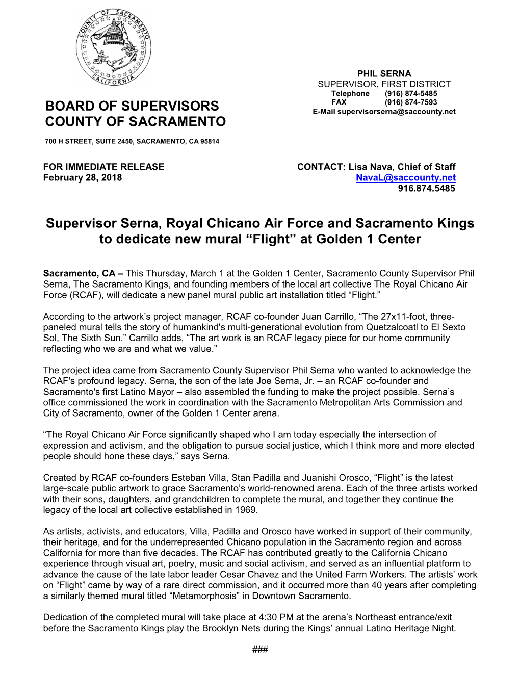 SERNA SUPERVISOR, FIRST DISTRICT Telephone (916) 874-5485 FAX (916) 874-7593 BOARD of SUPERVISORS E-Mail Supervisorserna@Saccounty.Net COUNTY of SACRAMENTO