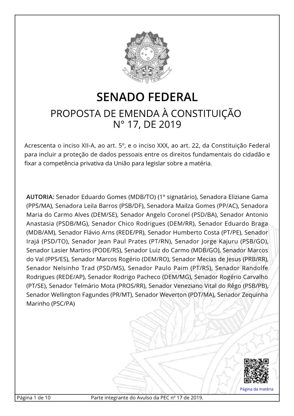 Proposta De Emenda À Constituição N° 17, De 2019