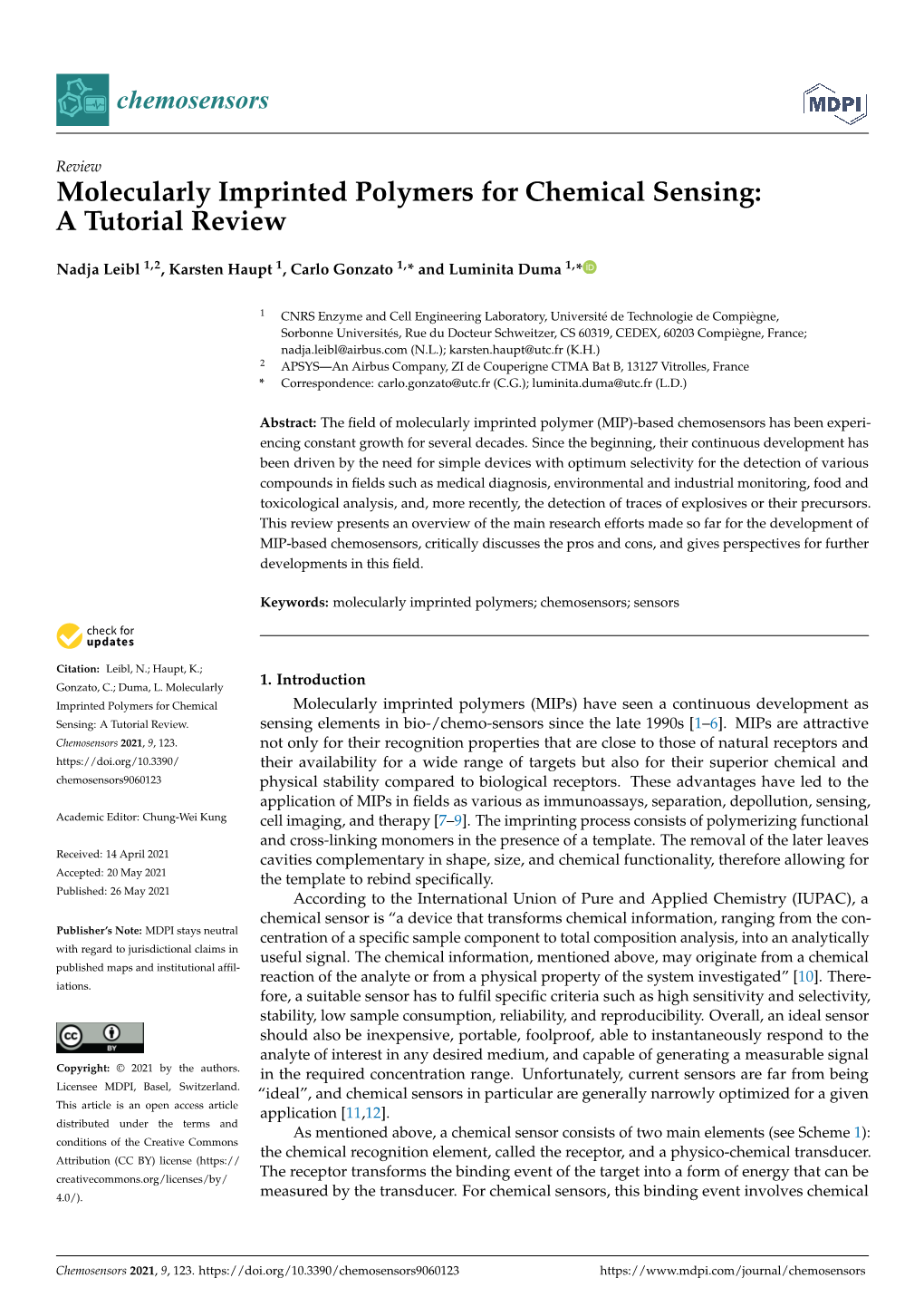 Molecularly Imprinted Polymers for Chemical Sensing: a Tutorial Review