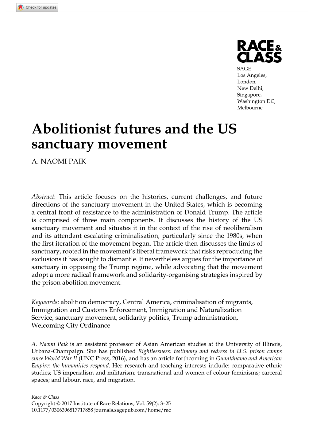 Abolitionist Futures and the US Sanctuary Movement A