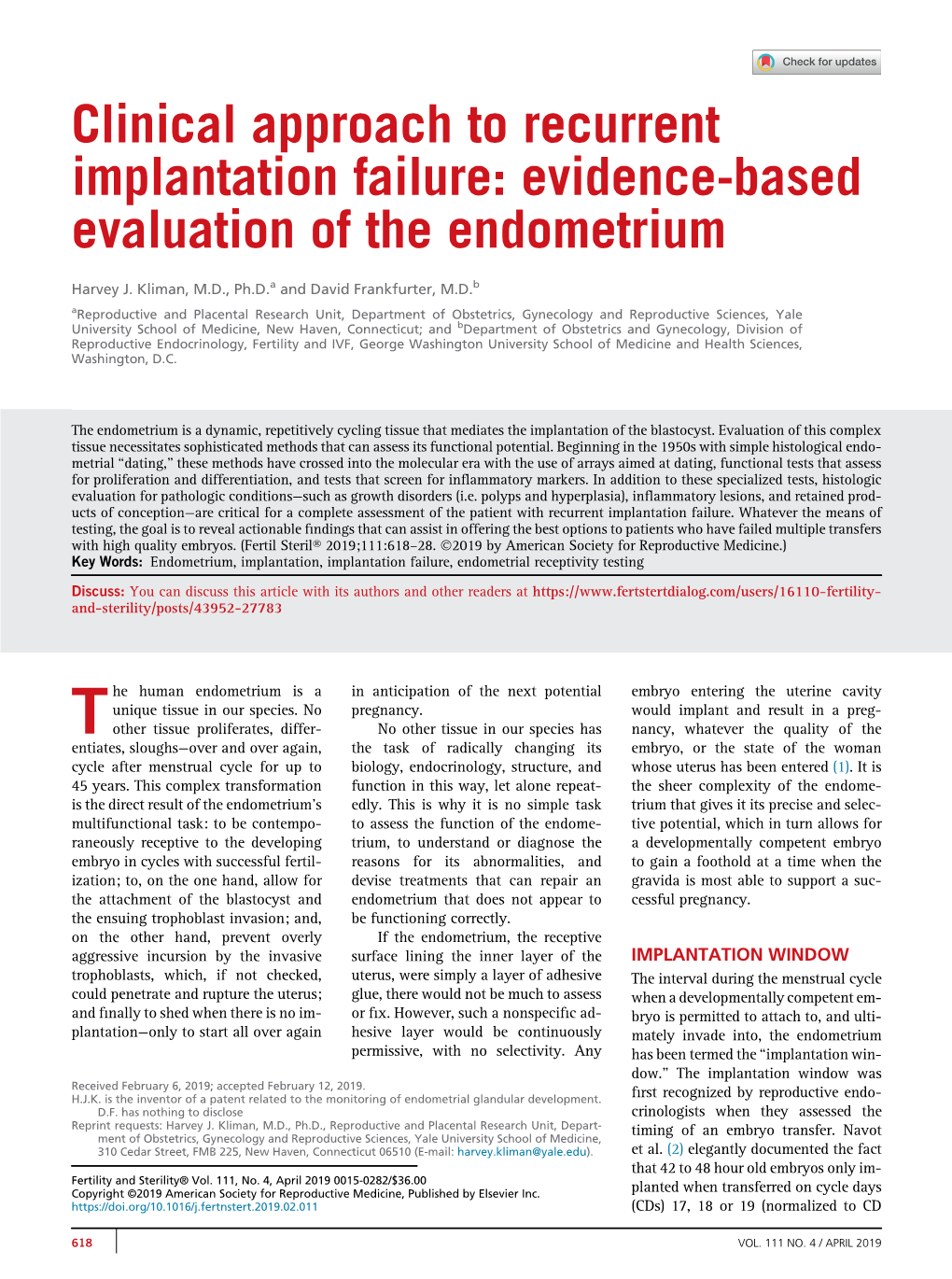 Clinical Approach to Recurrent Implantation Failure: Evidence-Based Evaluation of the Endometrium