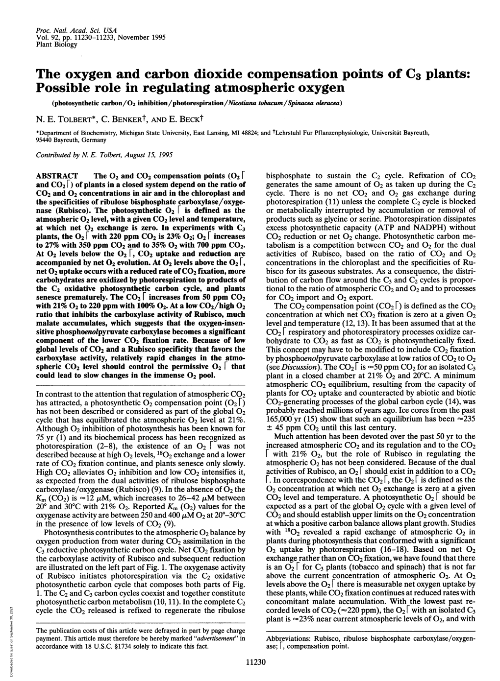 The Oxygen and Carbon Dioxide Compensation Points of C3