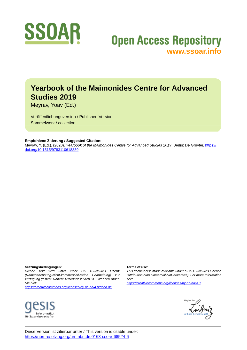 Yearbook of the Maimonides Centre for Advanced Studies 2019 Meyrav, Yoav (Ed.)