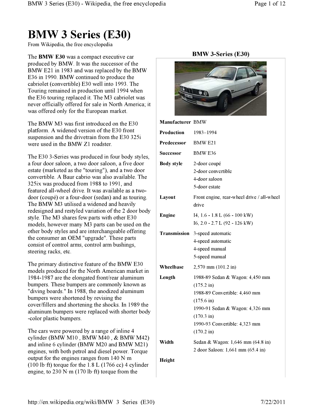 BMW 3 Series (E30) - Wikipedia, the Free Encyclopedia Page 1 of 12