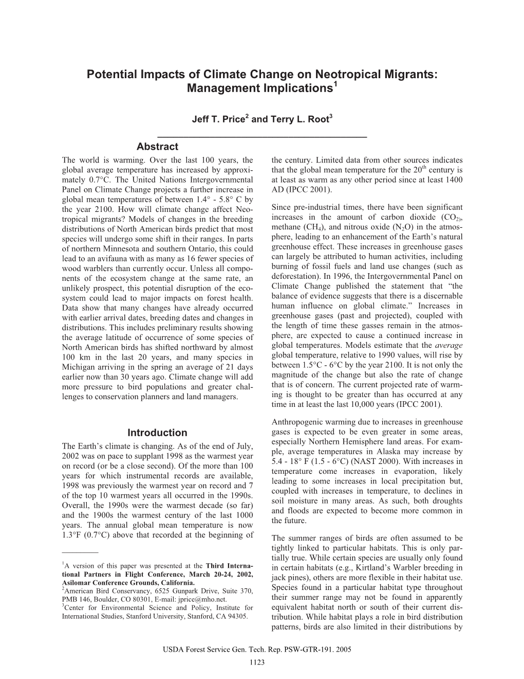 Potential Impacts of Climate Change on Neotropical Migrants: Management Implications1