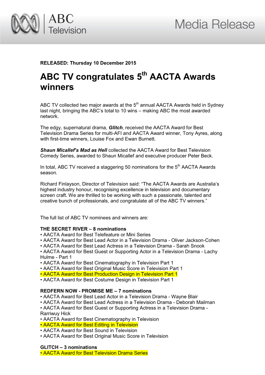 ABC TV Congratulates 5 AACTA Awards Winners