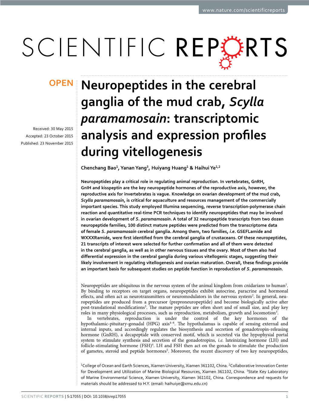 Neuropeptides in the Cerebral Ganglia of the Mud Crab, Scylla