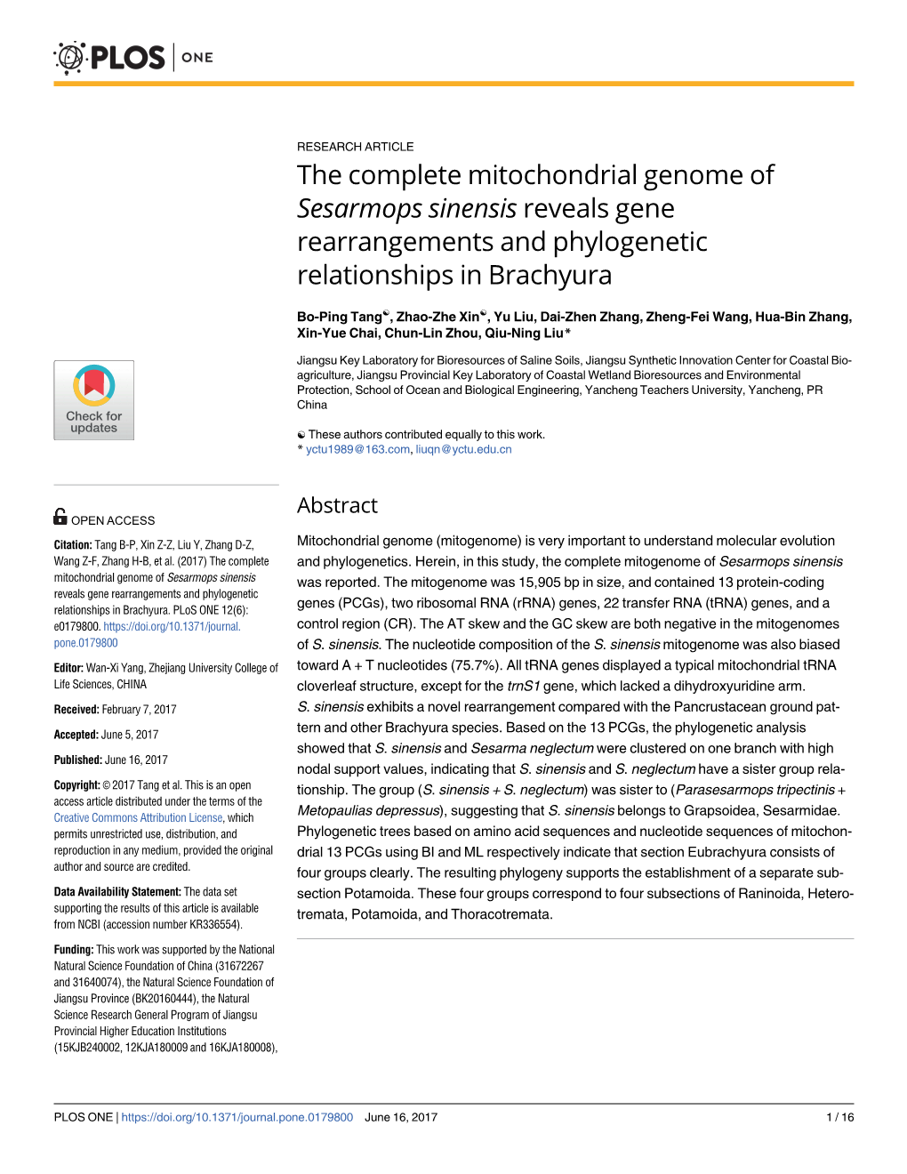 The Complete Mitochondrial Genome of Sesarmops Sinensis Reveals Gene Rearrangements and Phylogenetic Relationships in Brachyura