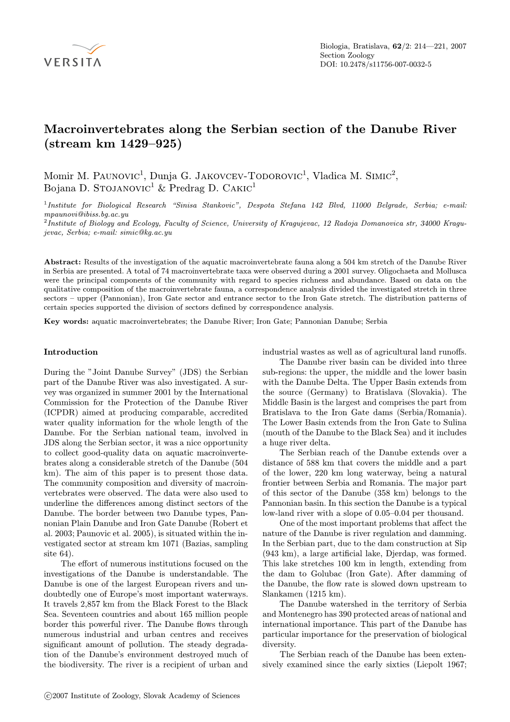 Macroinvertebrates Along the Serbian Section of the Danube River (Stream Km 1429–925)