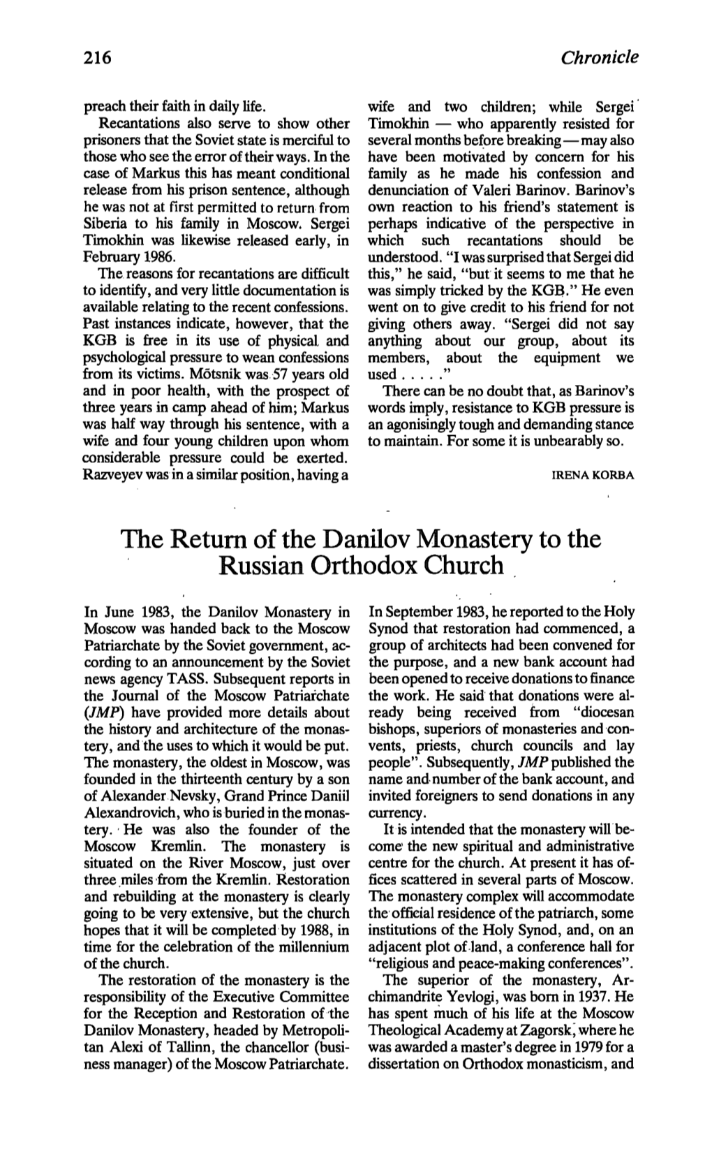 The Return of the Danilov Monastery to The. Russian Orthodox Church