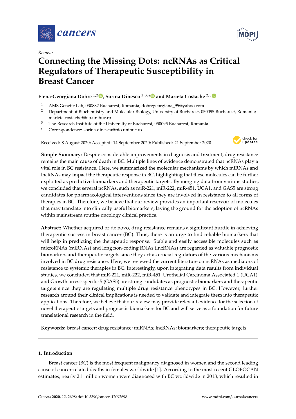 Connecting the Missing Dots: Ncrnas As Critical Regulators of Therapeutic Susceptibility in Breast Cancer