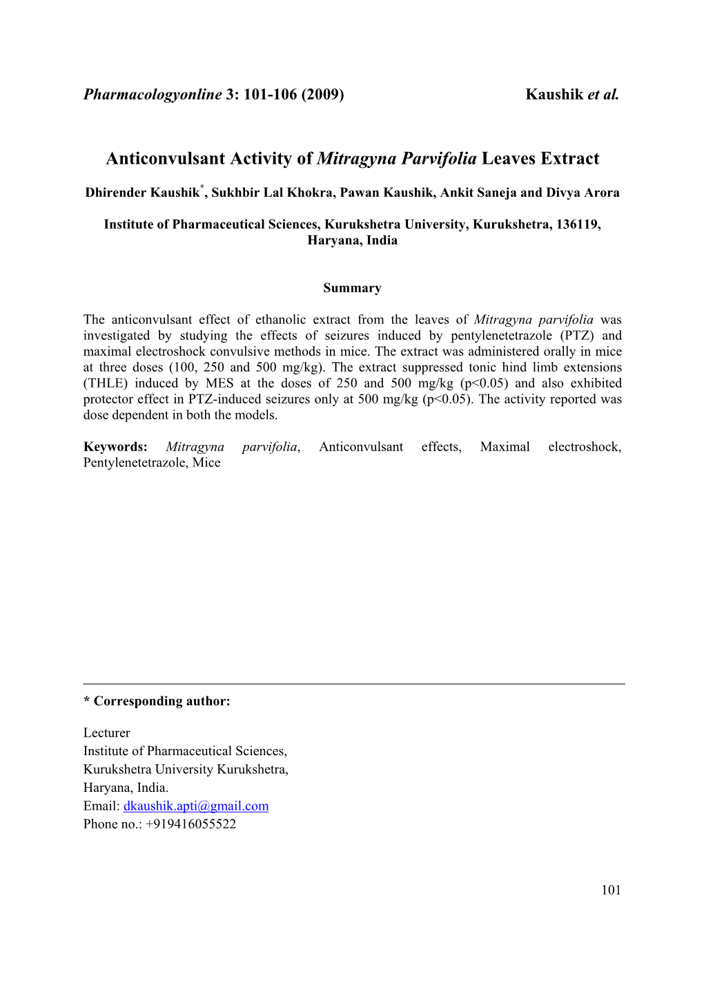 Anticonvulsant Activity of Mitragyna Parvifolia Leaves Extract