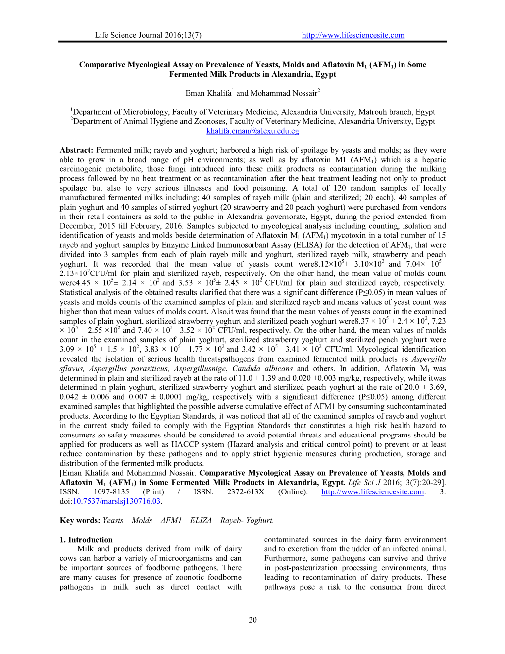 Life Science Journal 2016;13(7) 20 Comparative Mycological Assay on Prevalence of Yeasts, Molds