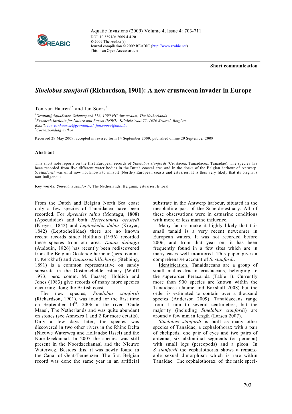 Sinelobus Stanfordi (Richardson, 1901): a New Crustacean Invader in Europe