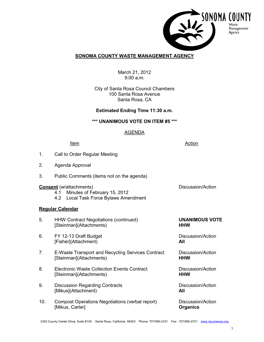 Sonoma County Waste Management Agency Agenda Packet March