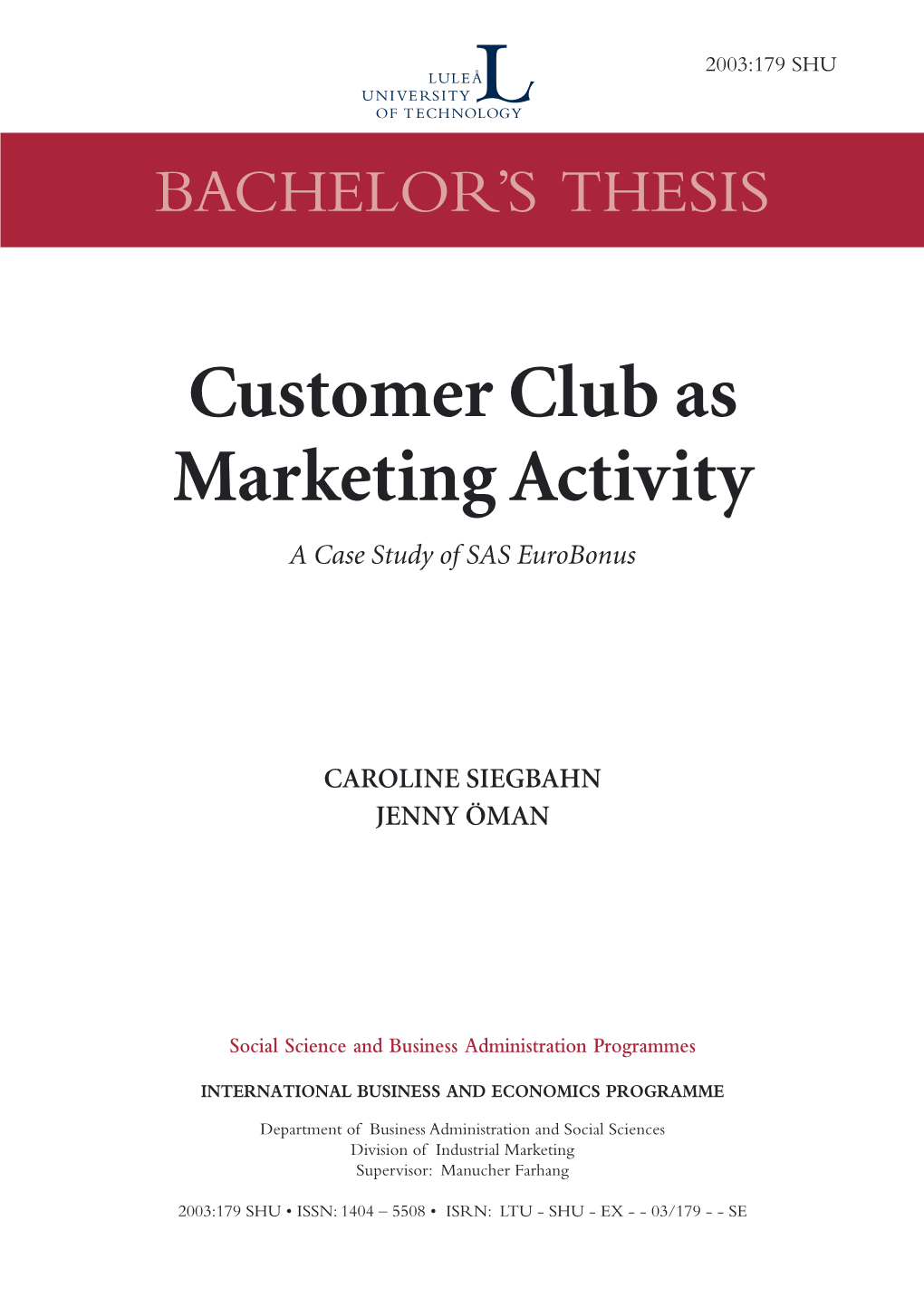 Customer Club As Marketing Activity a Case Study of SAS Eurobonus