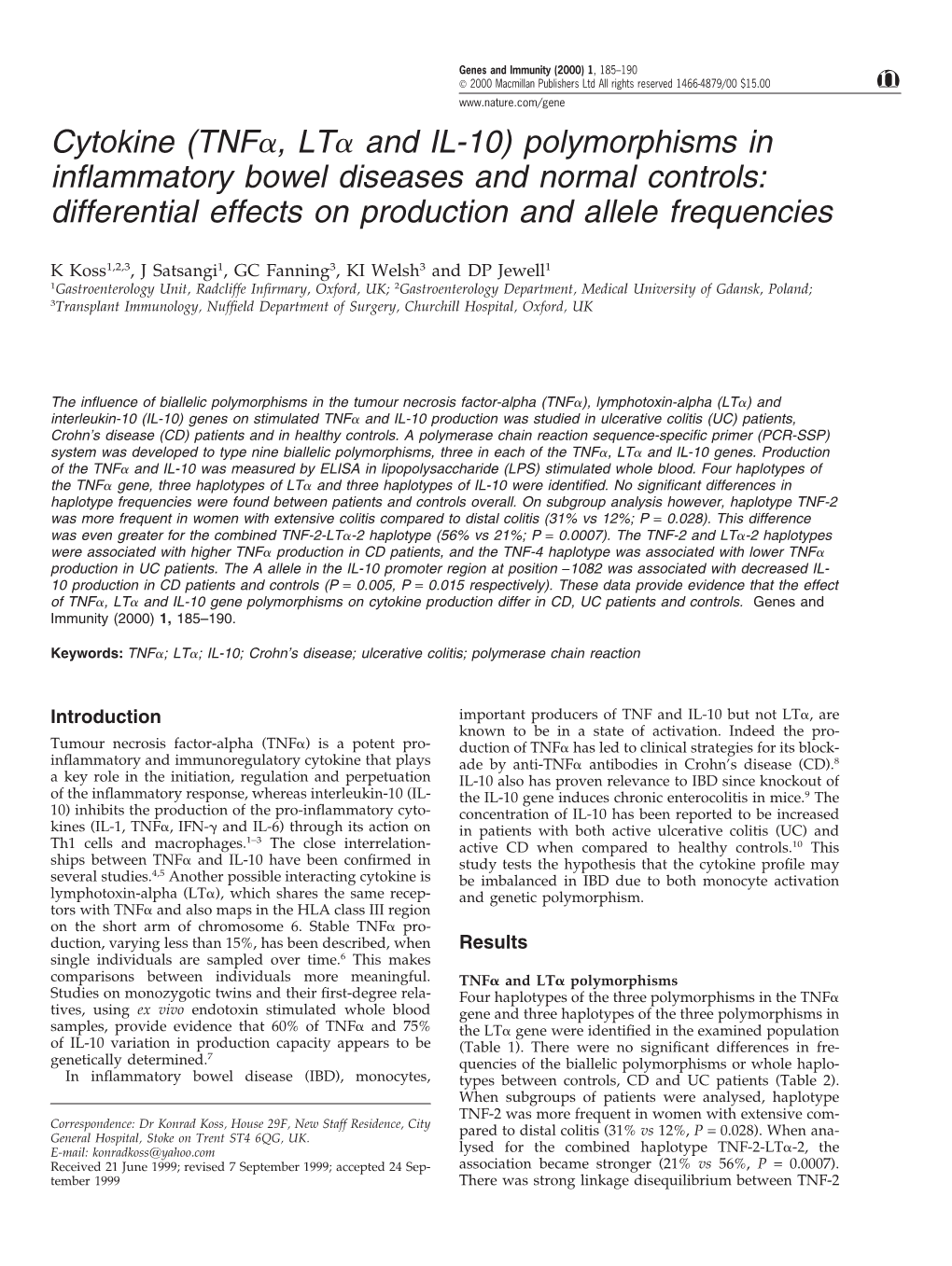 Cytokine (Tnfα, Ltα and IL-10) Polymorphisms in Inflammatory