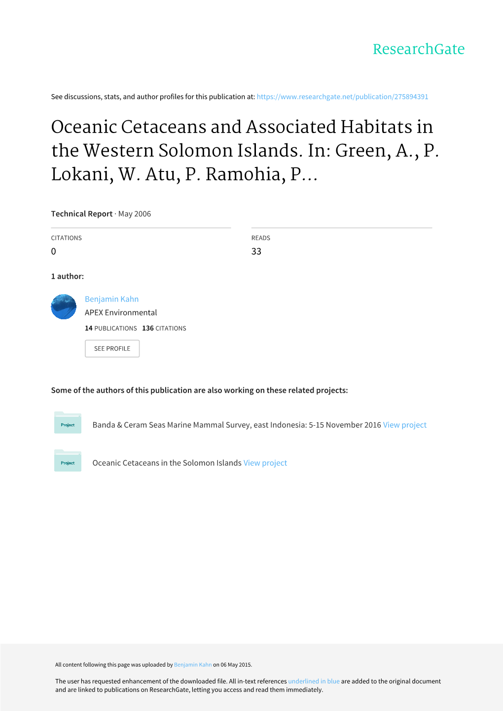 Oceanic Cetaceans and Associated Habitats in the Western Solomon Islands