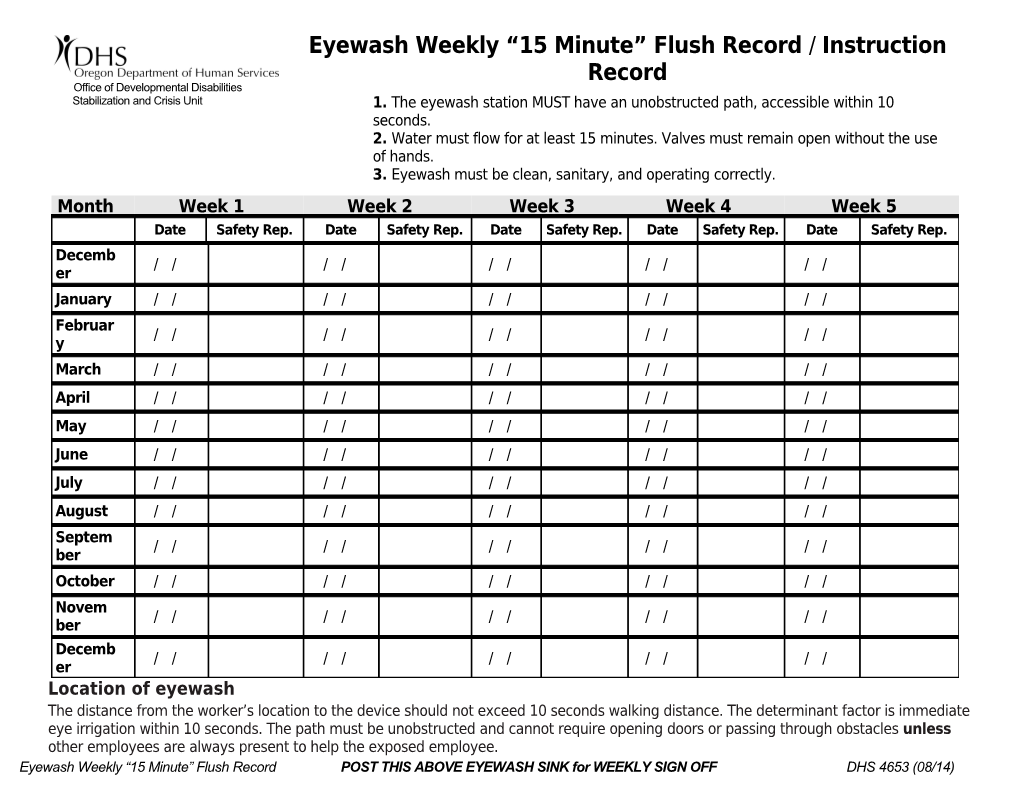 Instruction Record - Eyewash Weekly 15 Minute Flush Record DHS 4653