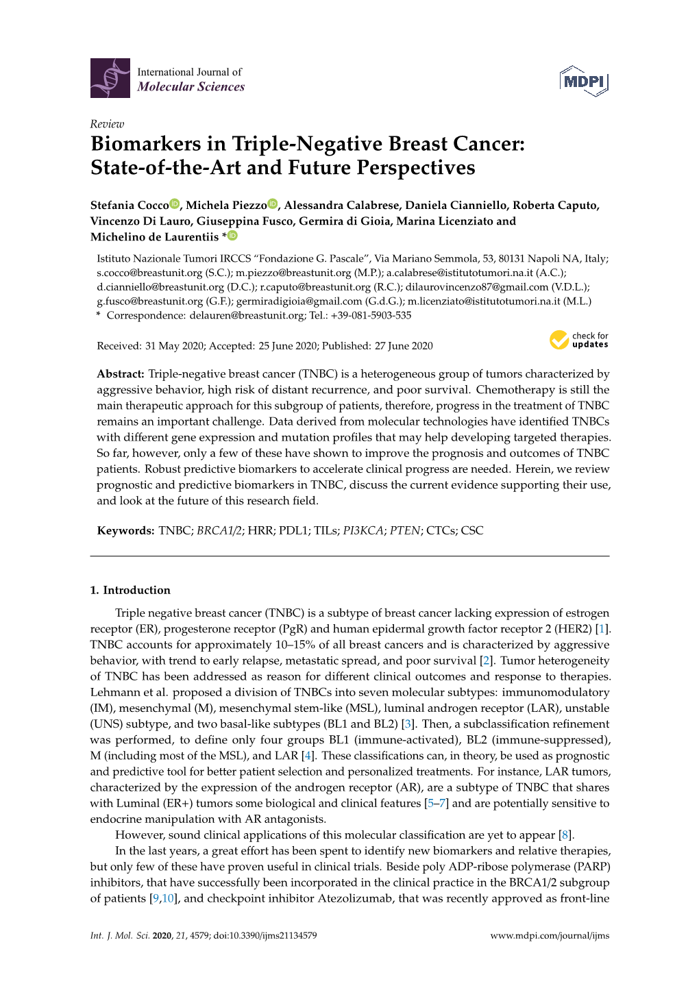 Biomarkers in Triple-Negative Breast Cancer: State-Of-The-Art and Future Perspectives