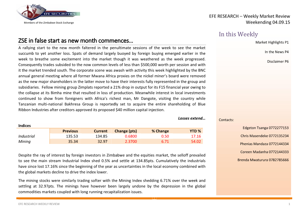 ZSE in False Start As New Month Commences… in This Weekly