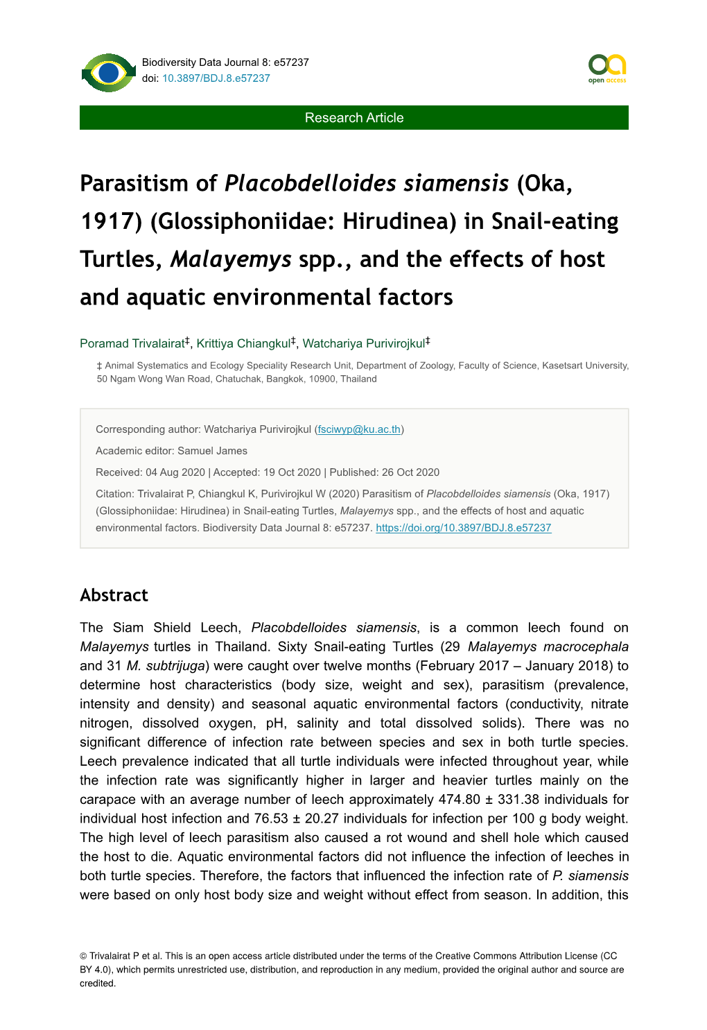 In Snail-Eating Turtles, Malayemys Spp., and the Effects of Host and Aquatic Environmental Factors