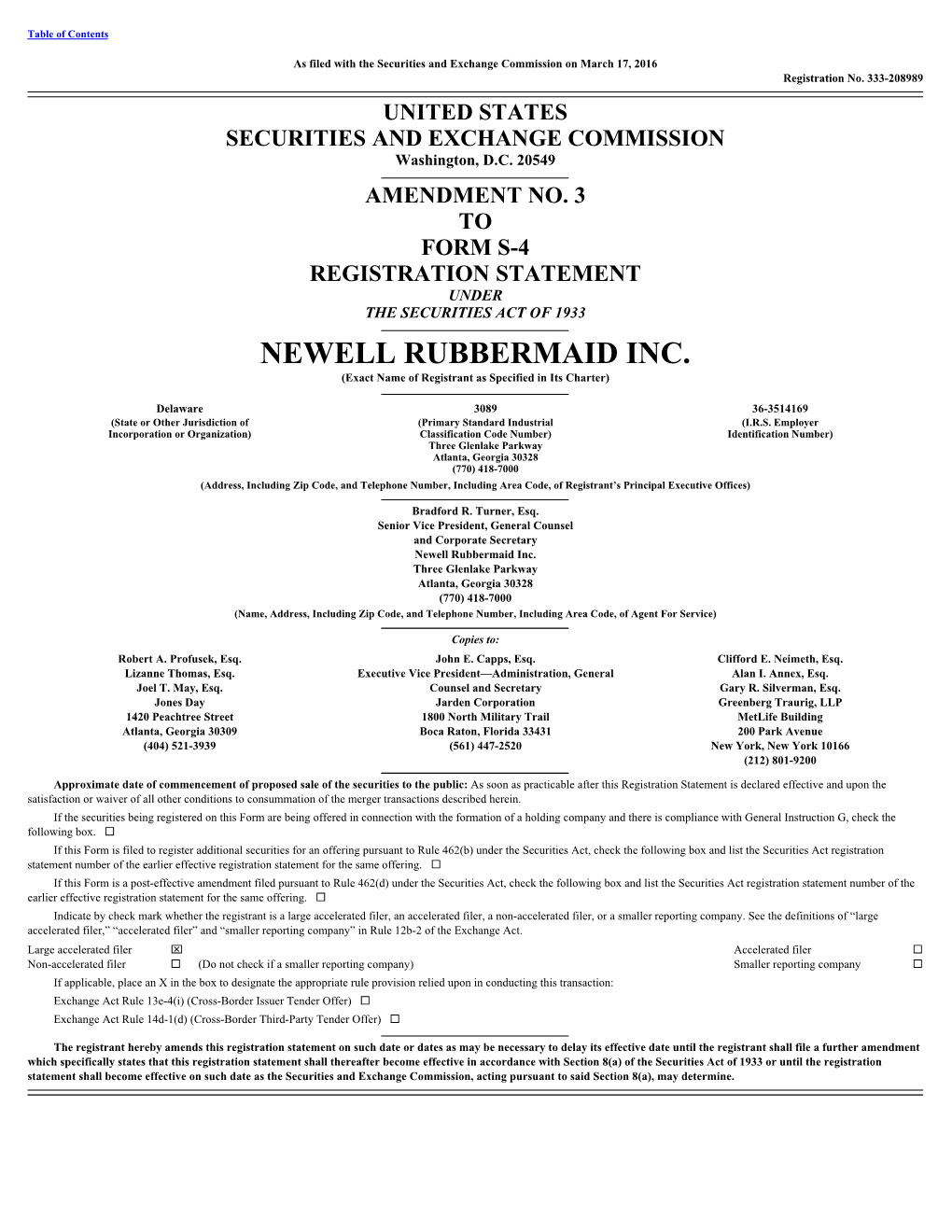 NEWELL RUBBERMAID INC. (Exact Name of Registrant As Specified in Its Charter)