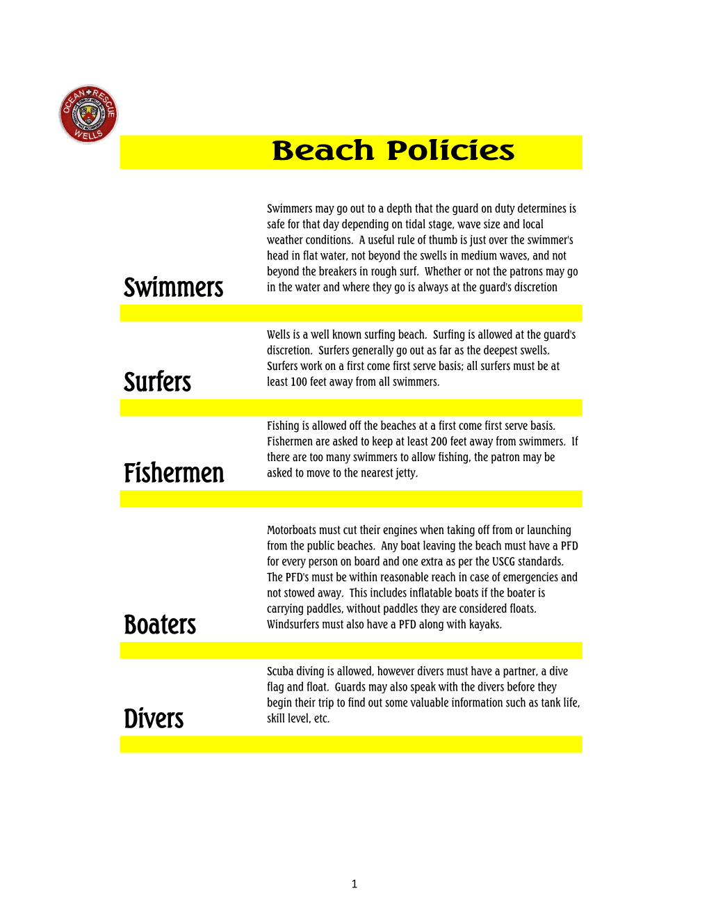 Beach Policies Swimmers Surfers Fishermen Boaters Divers