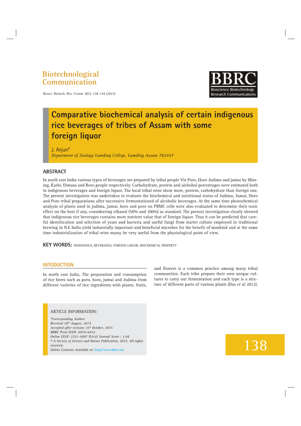 Comparative Biochemical Analysis of Certain Indigenous Rice Beverages of Tribes of Assam with Some Foreign Liquor