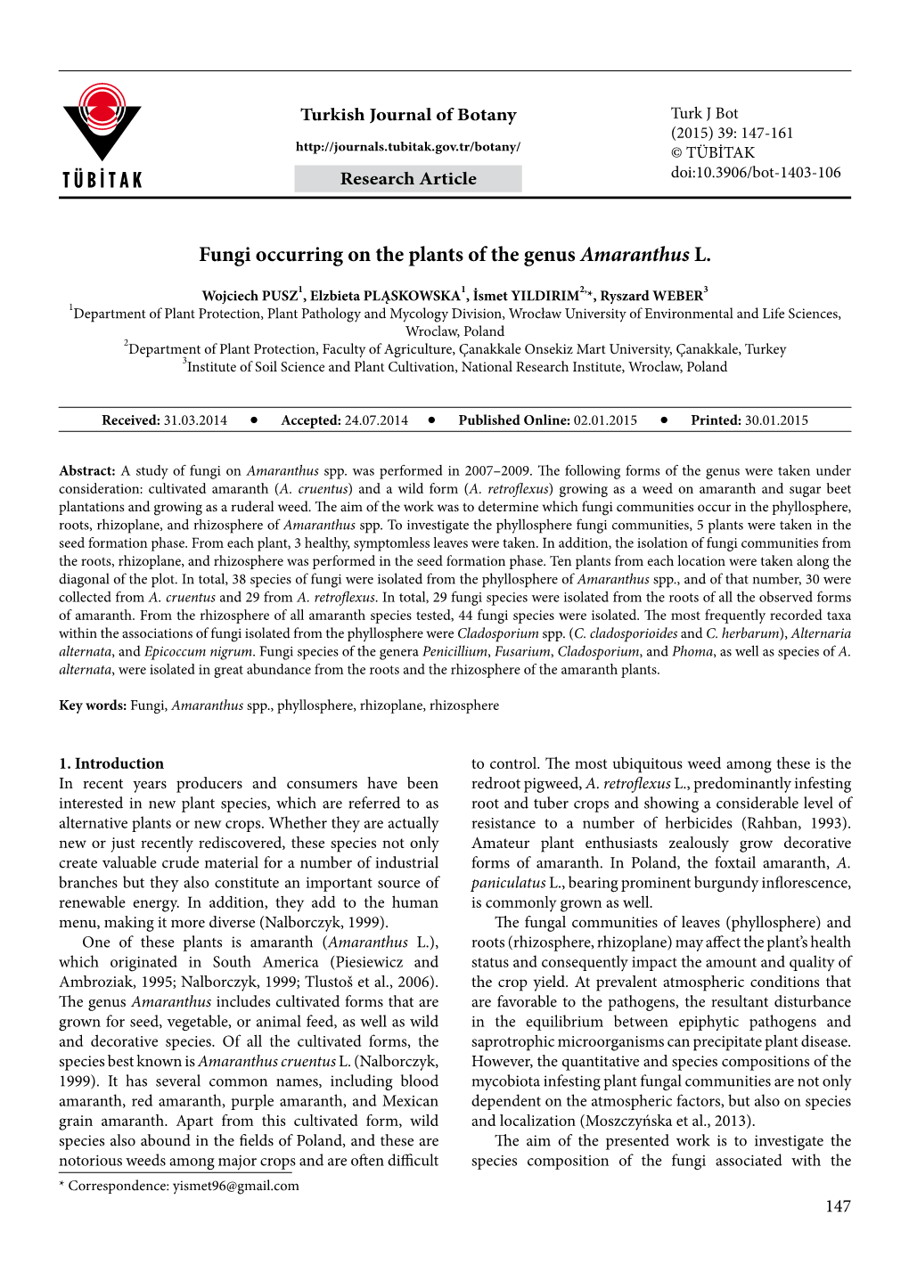 Fungi Occurring on the Plants of the Genus Amaranthus L