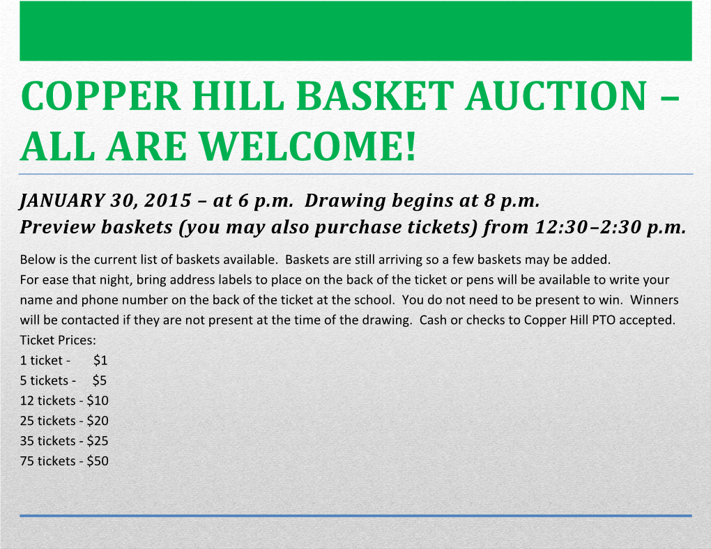 COPPER HILL BASKET AUCTION – ALL ARE WELCOME! JANUARY 30, 2015 – at 6 P.M