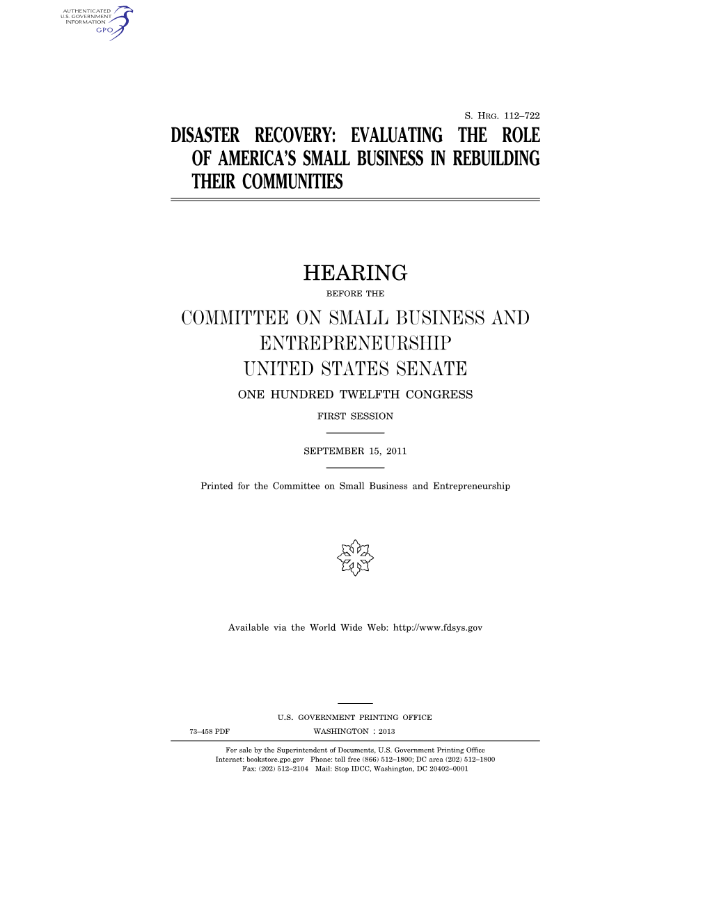 Disaster Recovery: Evaluating the Role of America’S Small Business in Rebuilding Their Communities