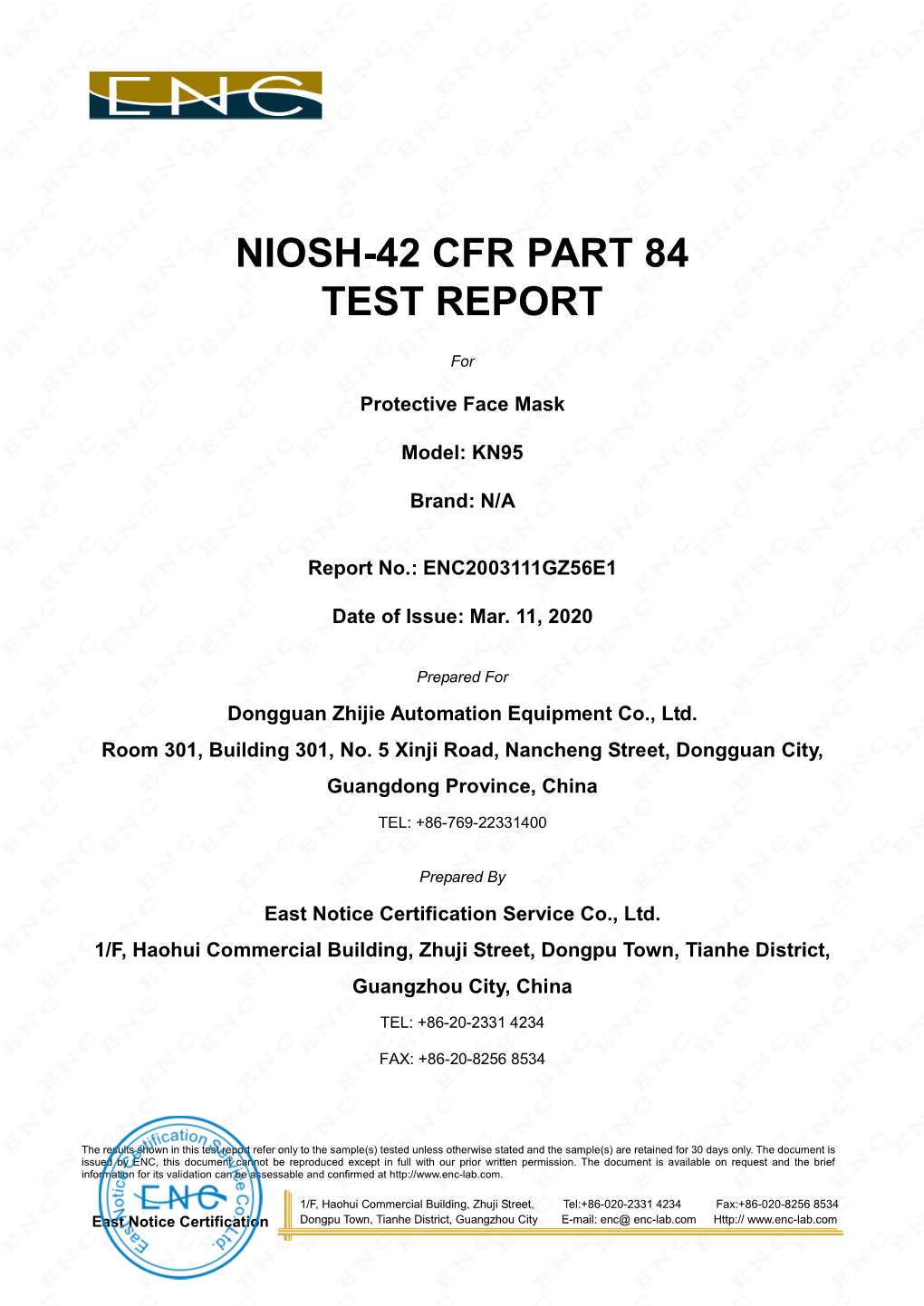 Niosh-42 Cfr Part 84 Test Report