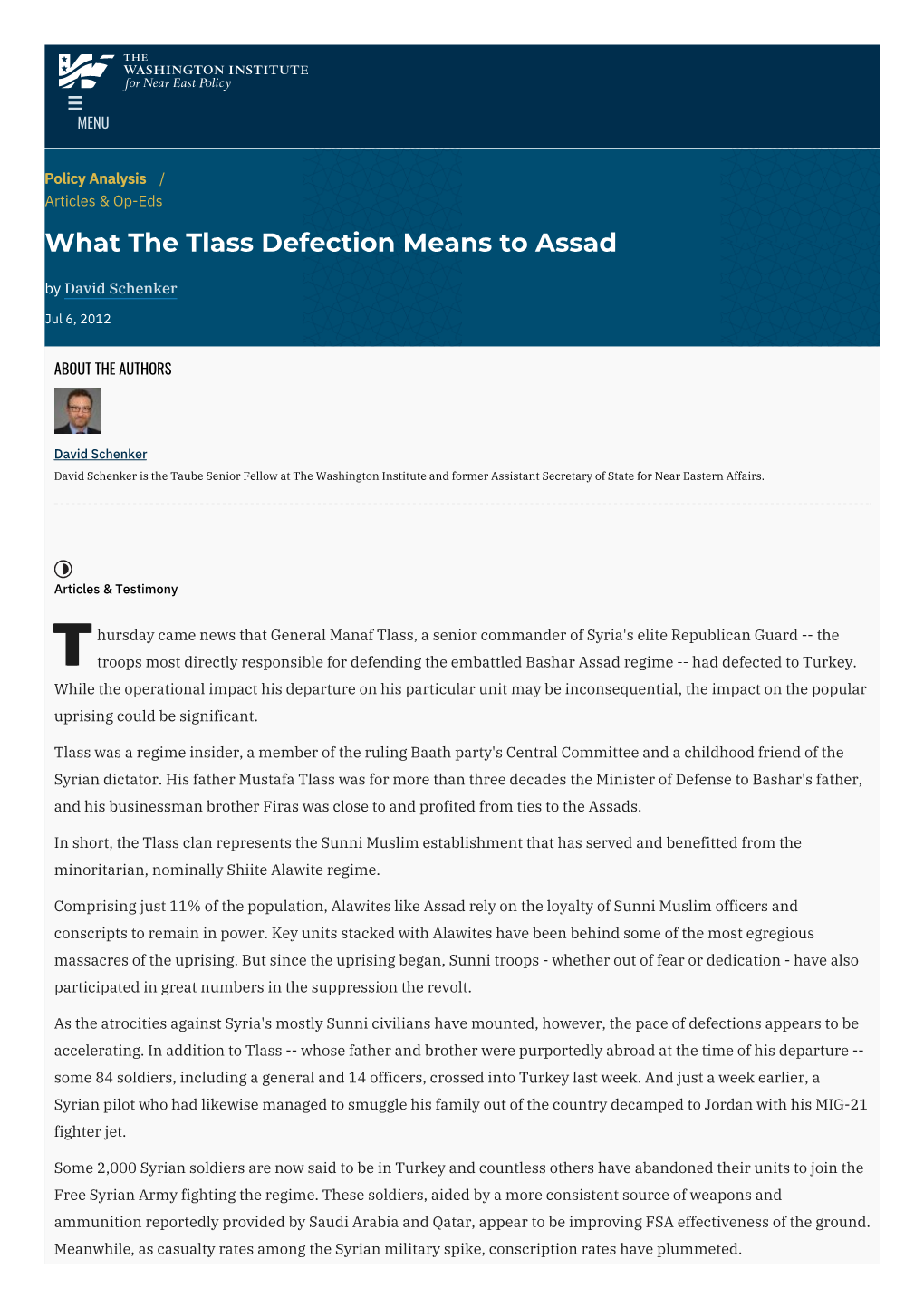 What the Tlass Defection Means to Assad | the Washington Institute