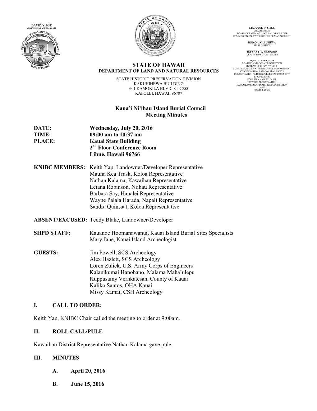 STATE of HAWAII Kaua'i Ni'ihau Island Burial Council Meeting