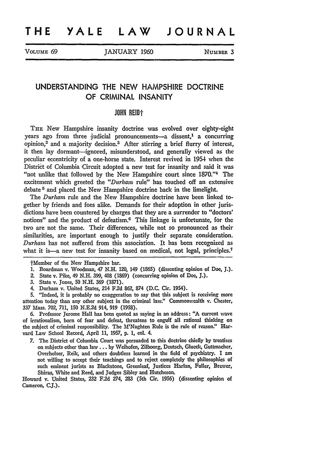 Understanding the New Hampshire Doctrine of Criminal Insanity John Rein"