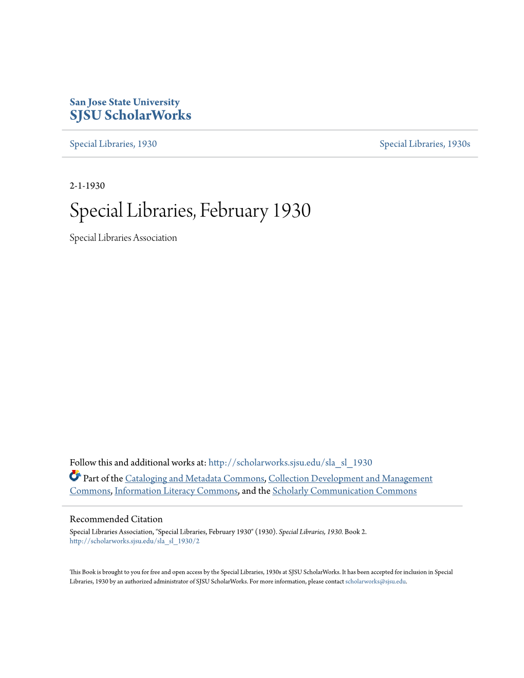 Special Libraries, February 1930 Special Libraries Association