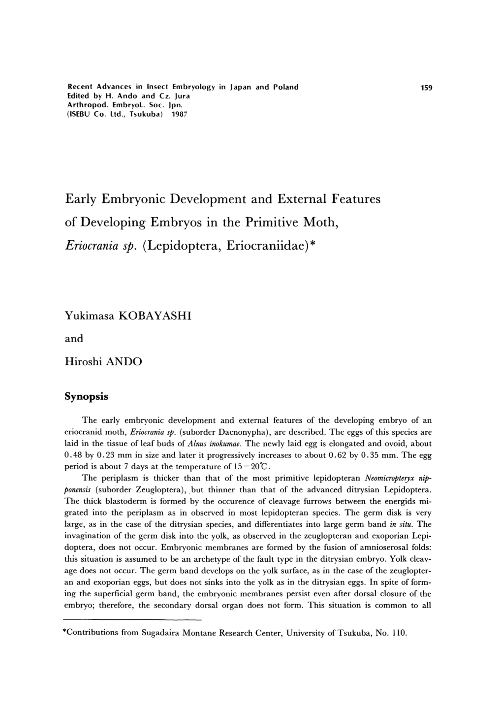 Early Embryonic Development and External Features of Developing Embryos in the Primitive Moth, Eriocrania Sp