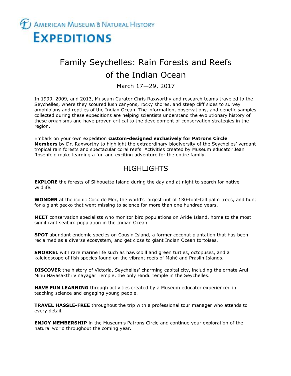 Family Seychelles: Rain Forests and Reefs of the Indian Ocean March 17—29, 2017