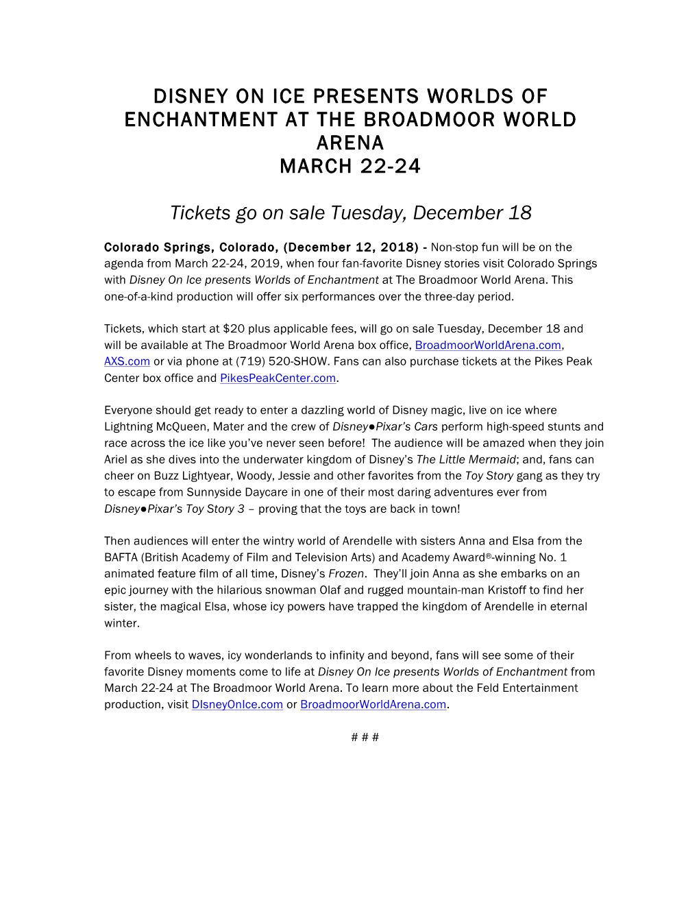 Disney on Ice Presents Worlds of Enchantment at the Broadmoor World Arena March 22-24