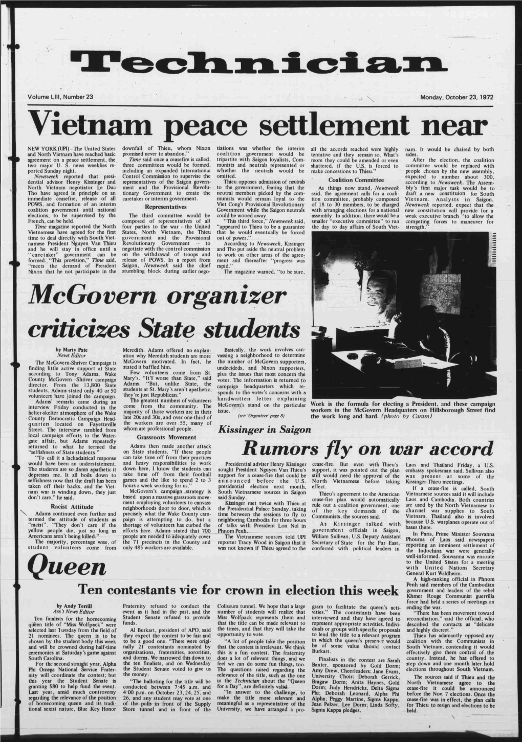 Technician Volume Llll, Number 23 Monday, October 23, 1972 Vietnam