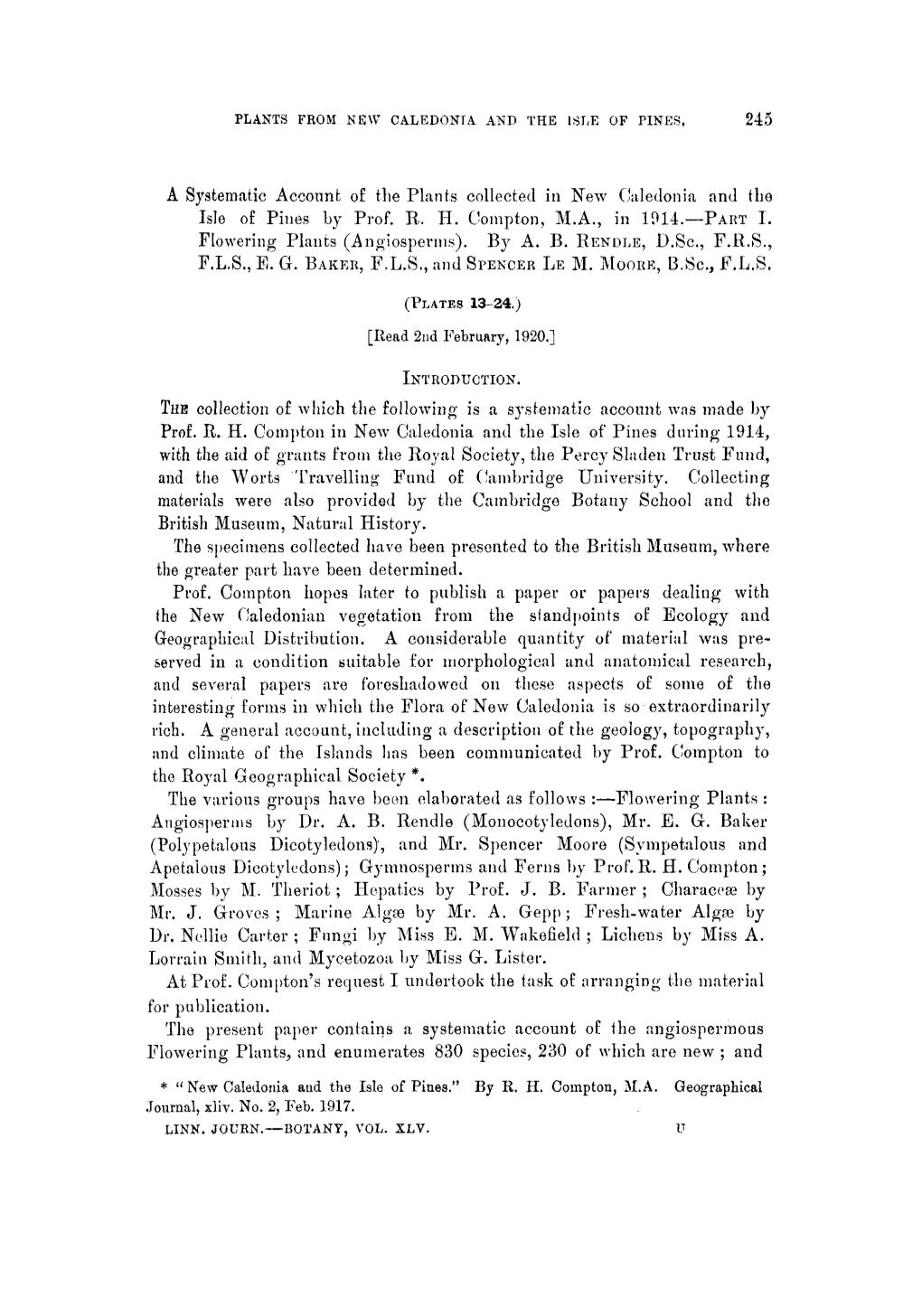 A Systematic Account of the Plants Collected in New Caledonia and the Isle of Pines by Prof. R. H. Compton, M.A., in 1914.Part I