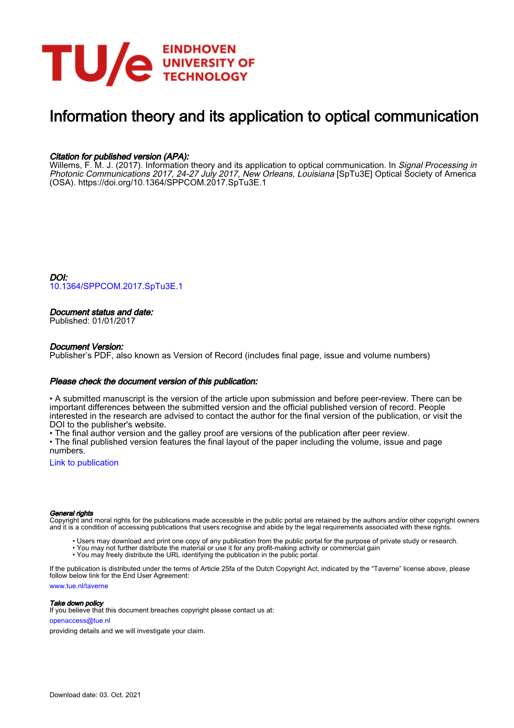 Information Theory and Its Application to Optical Communication