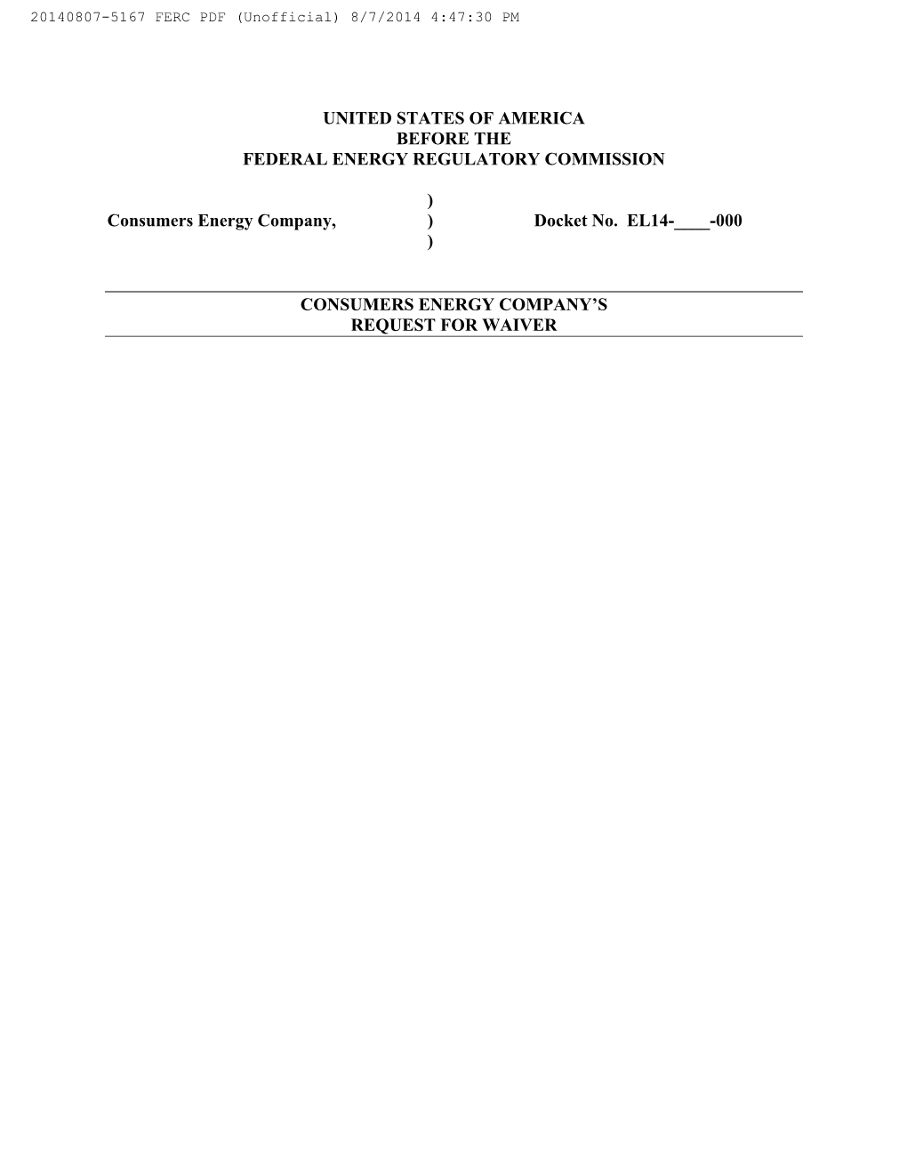 Consumers Energy AUG 7 2014 Waiver App.Pdf