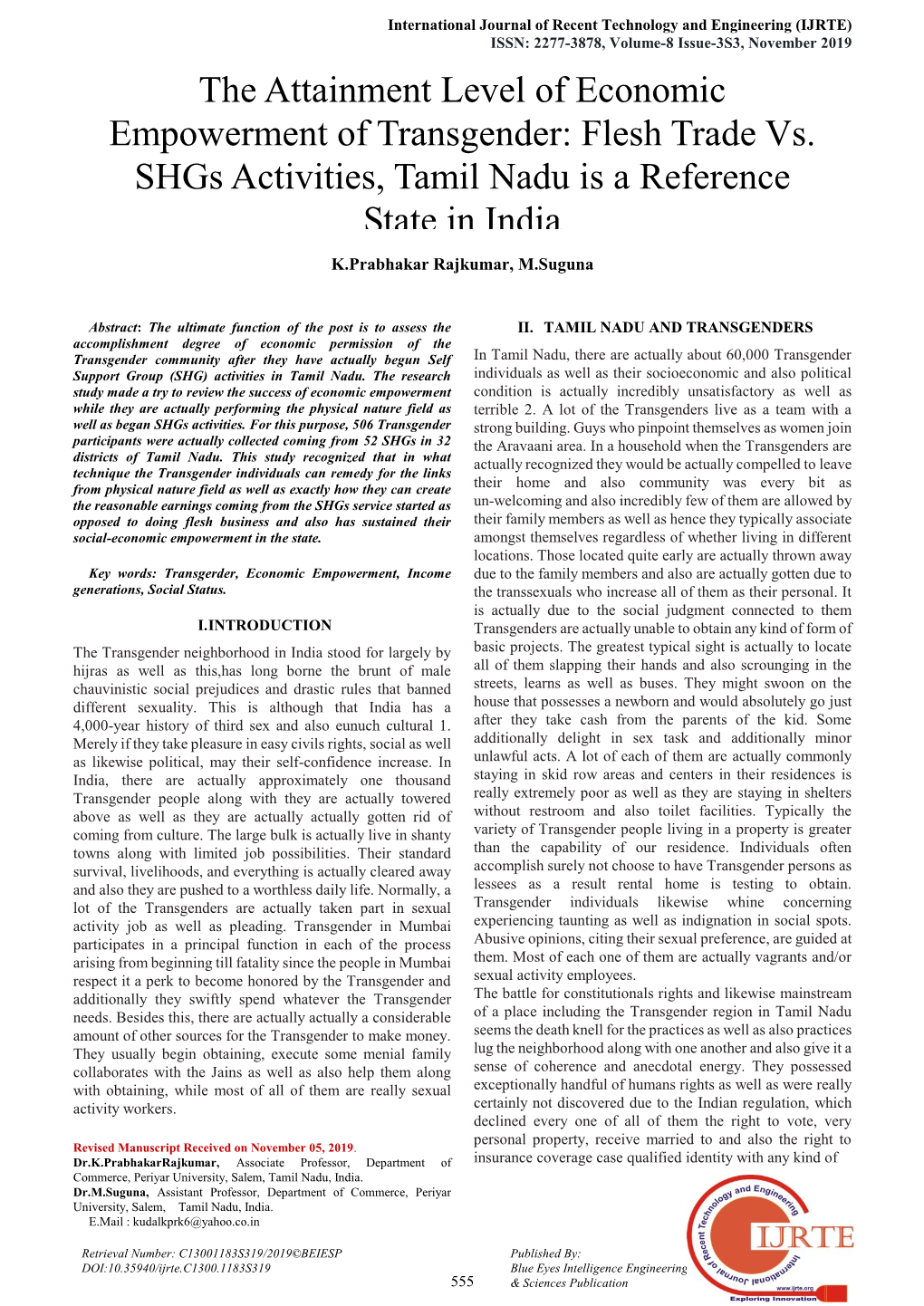 Flesh Trade Vs. Shgs Activities, Tamil Nadu Is a Reference State in India K.Prabhakar Rajkumar, M.Suguna