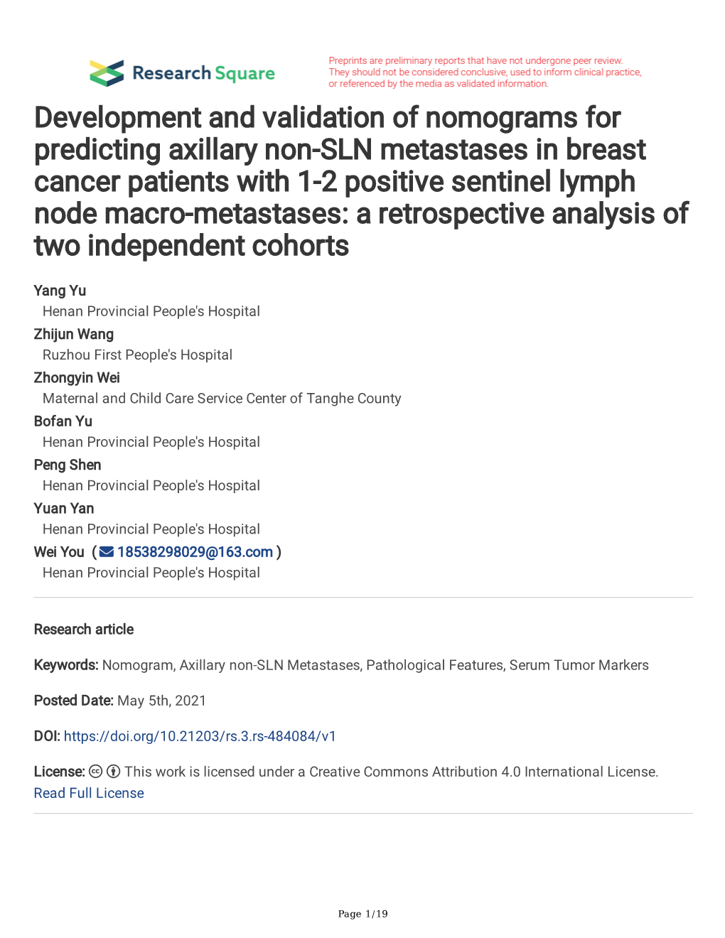 Development and Validation of Nomograms for Predicting Axillary