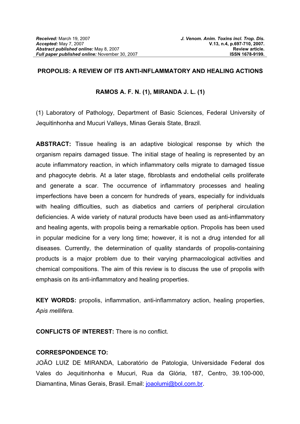 Propolis: a Review of Its Anti-Inflammatory and Healing Actions