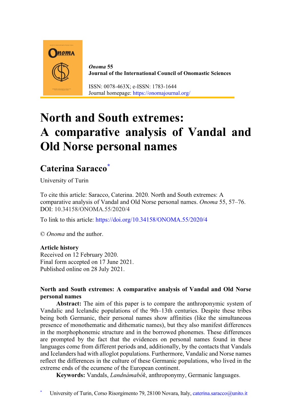 North and South Extremes: a Comparative Analysis of Vandal and Old Norse Personal Names