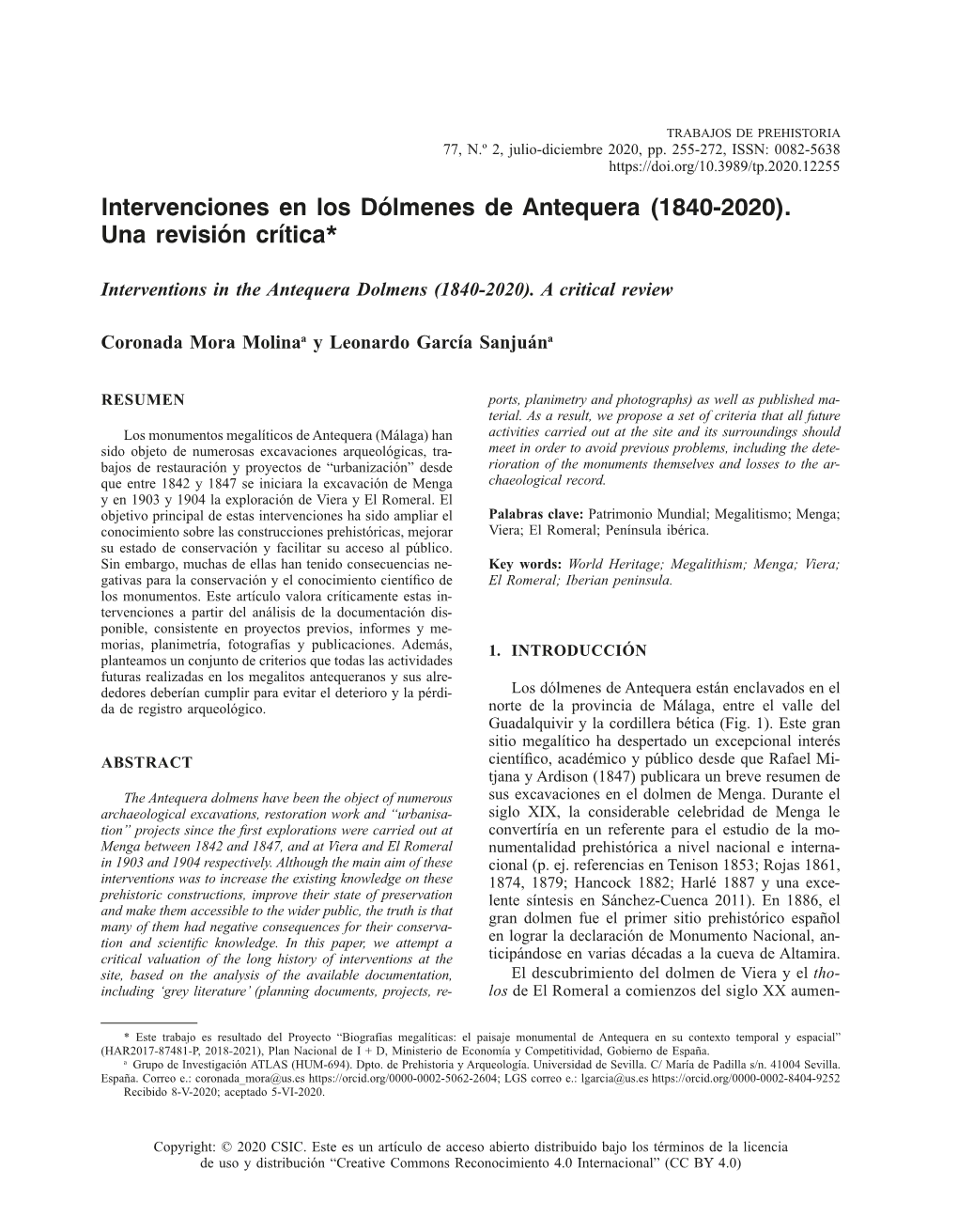 Intervenciones En Los Dólmenes De Antequera (1840-2020)